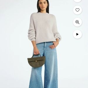 Elegant Blue Wide-Leg Jeans with Pearl Details